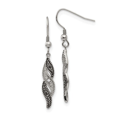 Stainless Steel Chisel Antiqued And Polished Cz Dangle Shepherd Hook Earrings