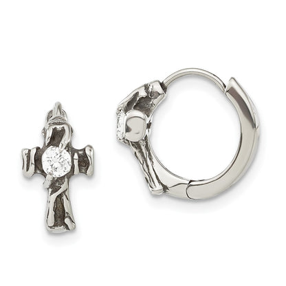 Stainless Steel Antiqued Polished W/ Cz Cross Hinged Hoop Earrings