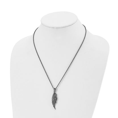 Stainless Steel Chisel Antiqued And Polished With Marcasite Wing Pendant On A 20 Inch Singapore Chain Necklace