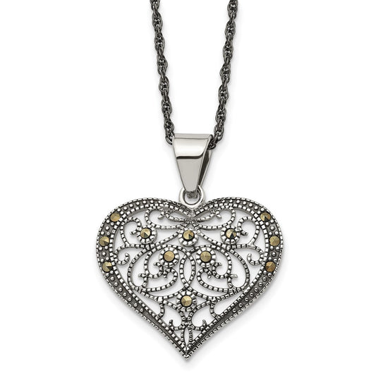 Stainless Steel Chisel Antiqued And Polished With Marcasite Heart Pendant On A 20 Inch Singapore Chain Necklace