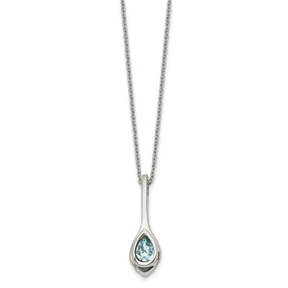 Stainless Steel Chisel Polished Blue Glass Teardrop Pendant On A 17.75 Inch Cable Chain With 2 Extension Necklace