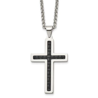Stainless Steel Chisel Polished And Textured Black Leather Inlay Cross Pendant On A 20 Inch Rolo Chain Necklace