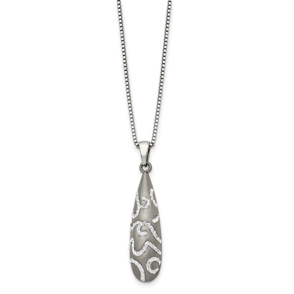 Stainless Steel Chisel Polished With Crystal Teardrop Pendant On An 18 Inch Box Chain Necklace