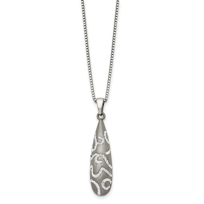 Stainless Steel Chisel Polished With Crystal Teardrop Pendant On An 18 Inch Box Chain Necklace