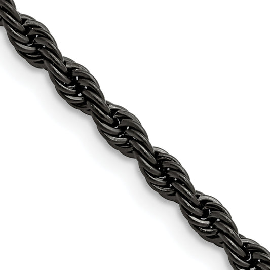 Stainless Steel Chisel Polished Black Ip-Plated 4mm 20 Inch Rope Chain Necklace