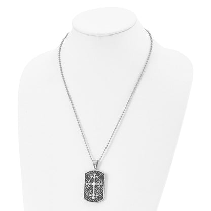 Stainless Steel Polished W/Black Enamel Cross Dog Tag 22In Necklace