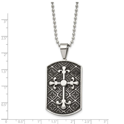 Stainless Steel Polished W/Black Enamel Cross Dog Tag 22In Necklace