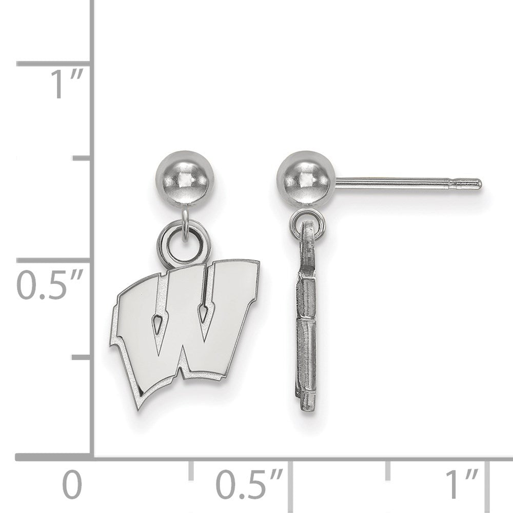 Sterling Silver Rhodium Plated Logoart University Of Wisconsin Letter W Dangle Ball Post Earrings