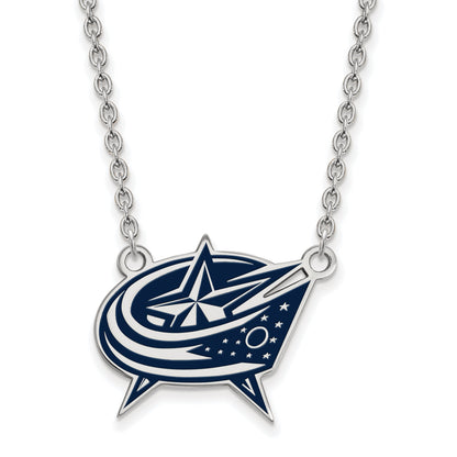 Sterling Silver Rhodium Plated Nhl Logoart Columbus Blue Jackets Large Enameled Pendant 18 Inch Necklace