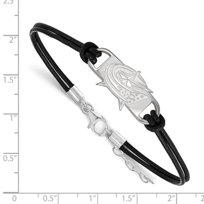 Sterling Silver Rhodium Plated Nhl Logoart Columbus Blue Jackets Small Center Black Leather 7 Inch Bracelet With Extender