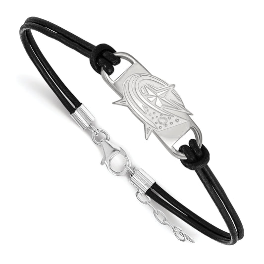Sterling Silver Rhodium Plated Nhl Logoart Columbus Blue Jackets Small Center Black Leather 7 Inch Bracelet With Extender