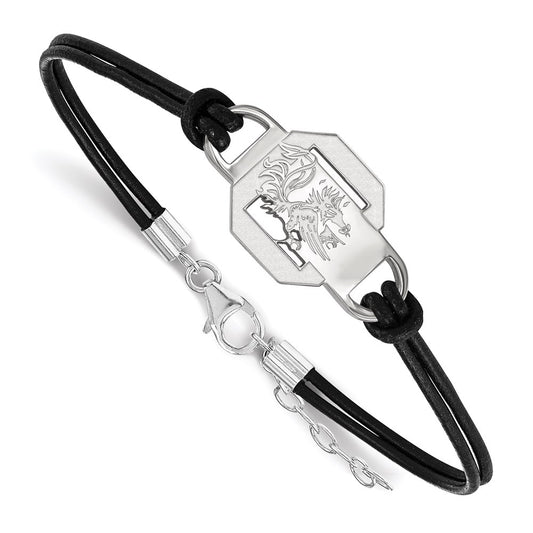 Sterling Silver Rhodium Plated Logoart University Of South Carolina Small Center Black Leather 7 Inch Bracelet With Extender