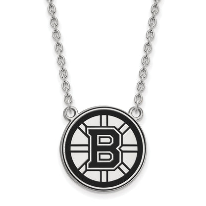 Sterling Silver Rhodium Plated Nhl Logoart Boston Bruins Large Enameled Pendant 18 Inch Necklace