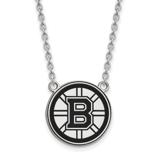 Sterling Silver Rhodium Plated Nhl Logoart Boston Bruins Large Enameled Pendant 18 Inch Necklace
