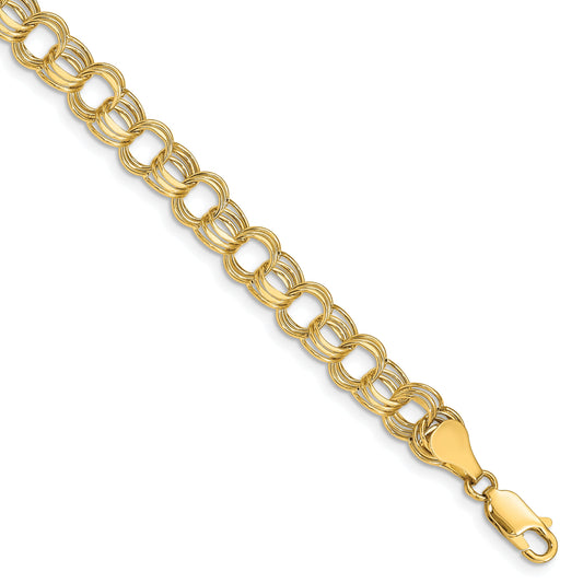 14K Yellow Gold 7.5mm Hollow Triple Link 7.25 Inch Charm Bracelet