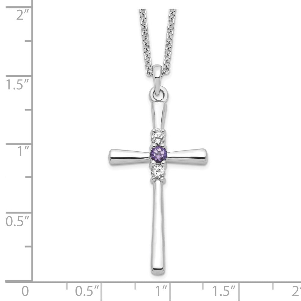 Sterling Silver Survivor Collection Rhodium Plated 16 Inch White And Purple Topaz Faith Cross Necklace With 2 Extender