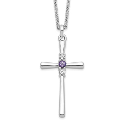 Sterling Silver Survivor Collection Rhodium Plated 16 Inch White And Purple Topaz Faith Cross Necklace With 2 Extender