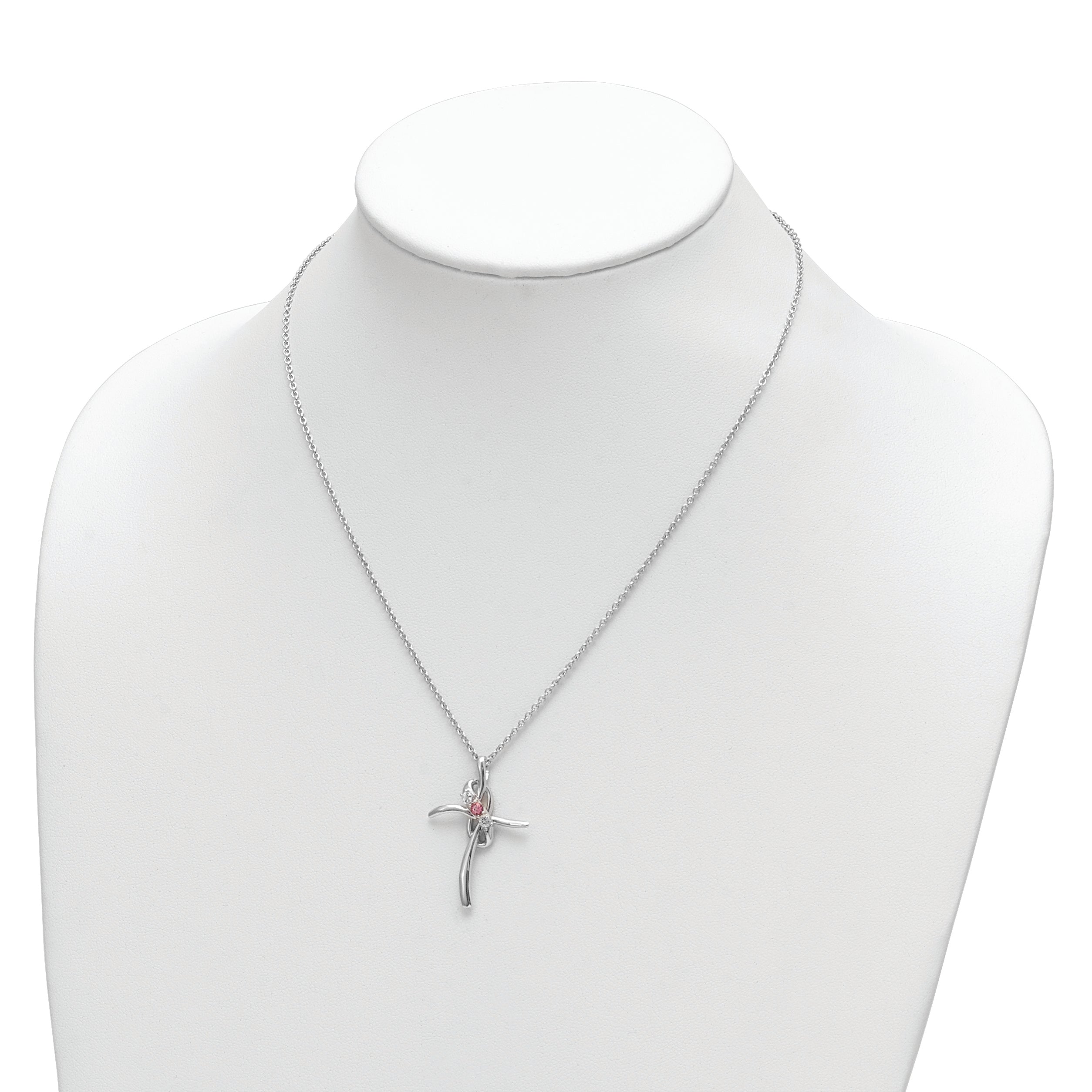 10K White Gold Survivor Collection Rhodium-Plated 16 Inch And Pink Swarovski Topaz Grace Cross Necklace With 2 Extender
