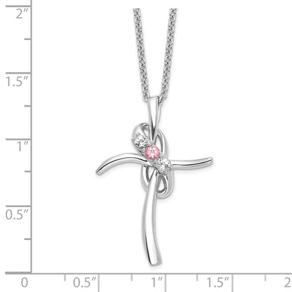 10K White Gold Survivor Collection Rhodium-Plated 16 Inch And Pink Swarovski Topaz Grace Cross Necklace With 2 Extender