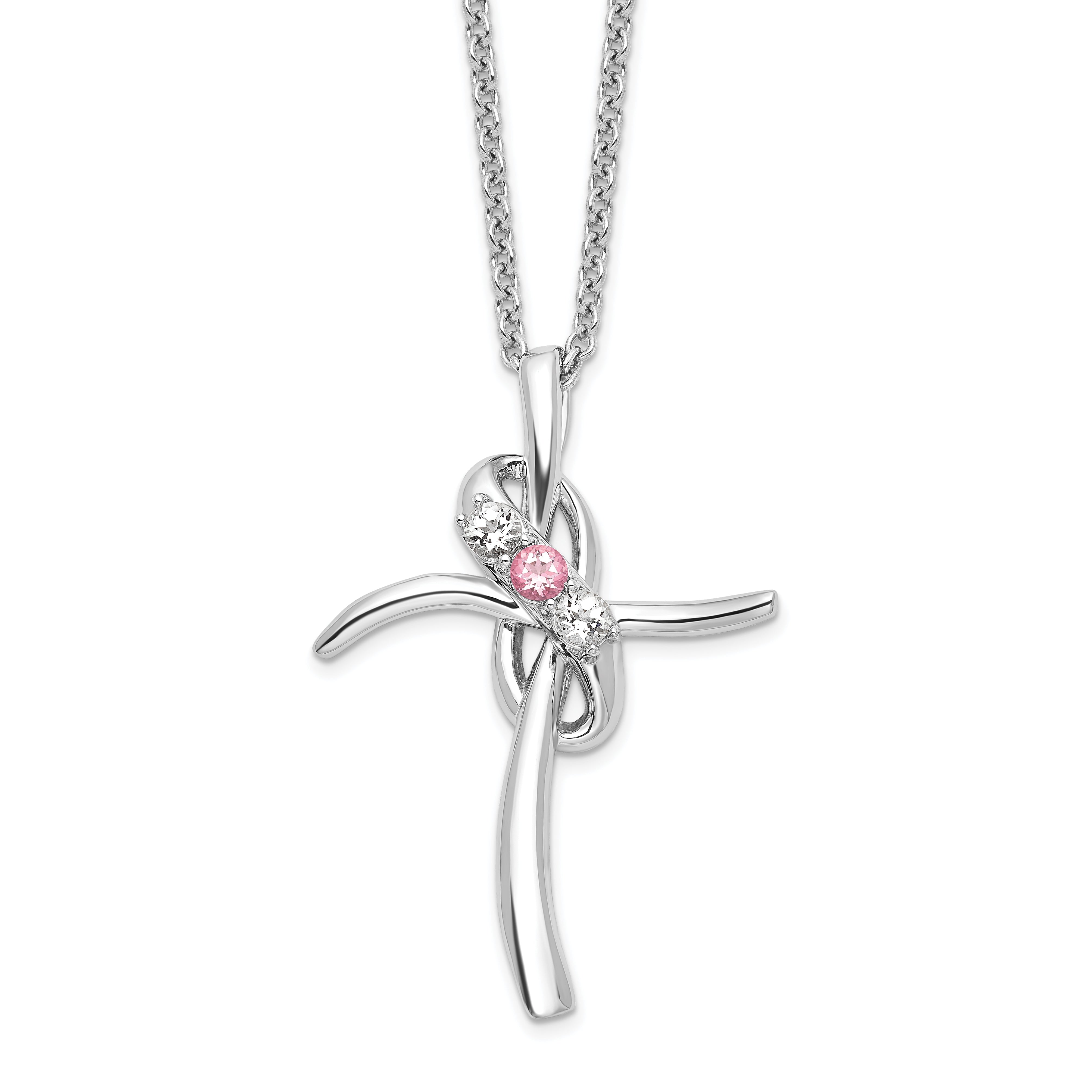 10K White Gold Survivor Collection Rhodium-Plated 16 Inch And Pink Swarovski Topaz Grace Cross Necklace With 2 Extender