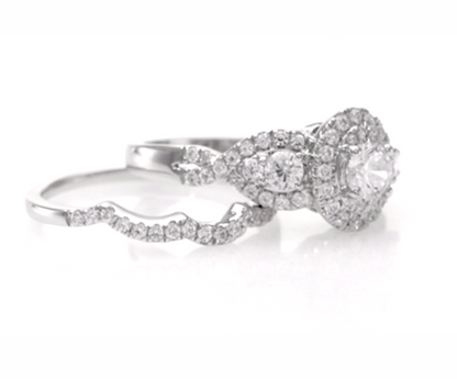 1.15CT. T.W. Diamond Three Stone Oval Frame Twist Halo Bridal Engagement Ring Set in 14K White Gold