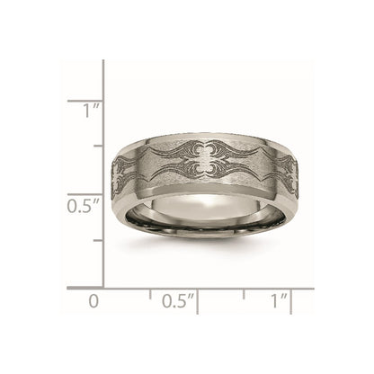 Titanium Brushed & Polished Laser Design 8mm Beveled Edge Band (Size 12.5 Only)