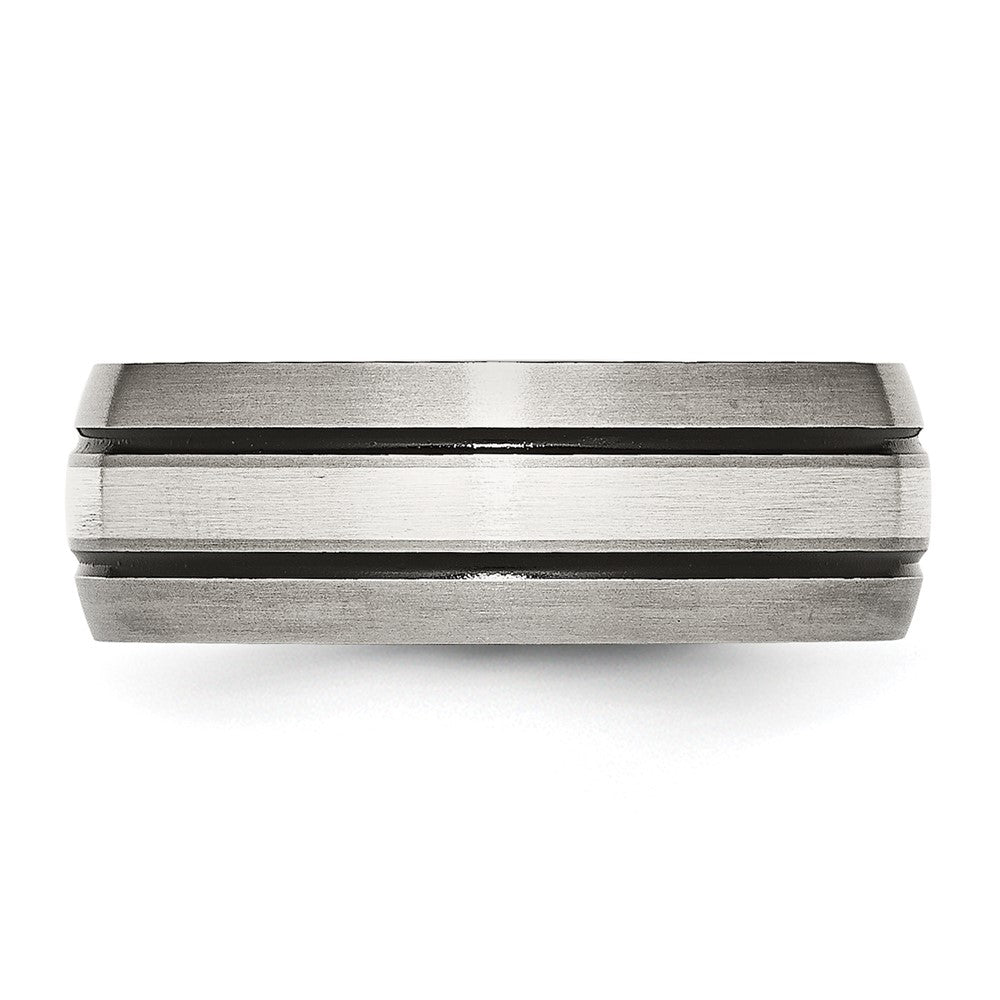 Titanium/Silver Two Tone Titanium Grooved Sterling Silver Inlay 8mm Brushed/Antiqued Band