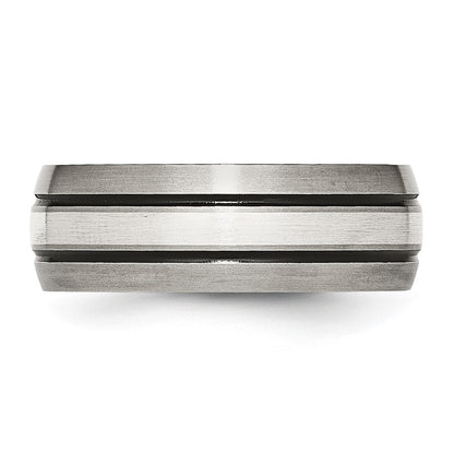 Titanium/Silver Two Tone Titanium Grooved Sterling Silver Inlay 8mm Brushed/Antiqued Band