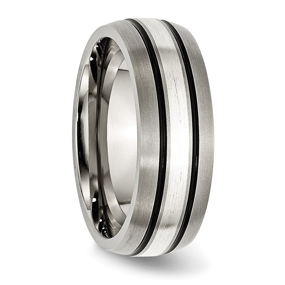 Titanium/Silver Two Tone Titanium Grooved Sterling Silver Inlay 8mm Brushed/Antiqued Band