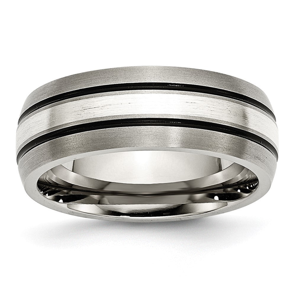 Titanium/Silver Two Tone Titanium Grooved Sterling Silver Inlay 8mm Brushed/Antiqued Band