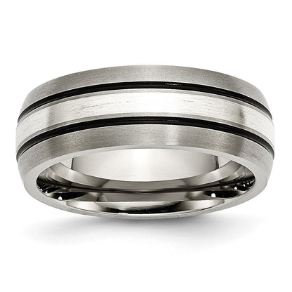 Titanium/Silver Two Tone Titanium Grooved Sterling Silver Inlay 8mm Brushed/Antiqued Band