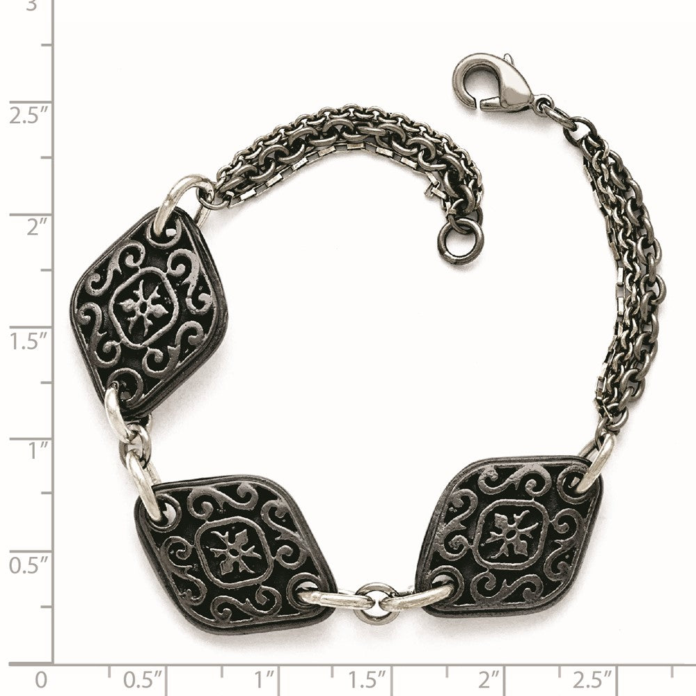Titanium/Silver Two Tone Titanium Sterling Silver Black Ti Polished & Etched 3 Charm Bracelet