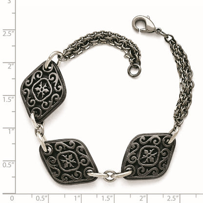 Titanium/Silver Two Tone Titanium Sterling Silver Black Ti Polished & Etched 3 Charm Bracelet