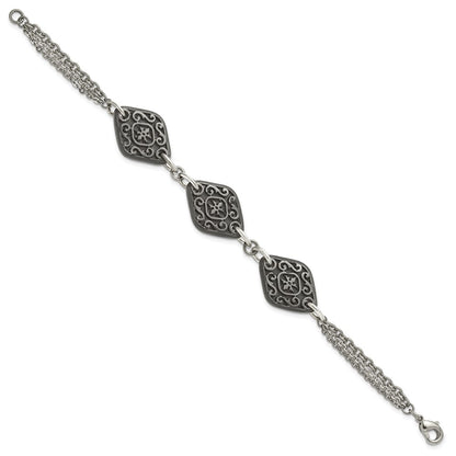 Titanium/Silver Two Tone Titanium Sterling Silver Black Ti Polished & Etched 3 Charm Bracelet