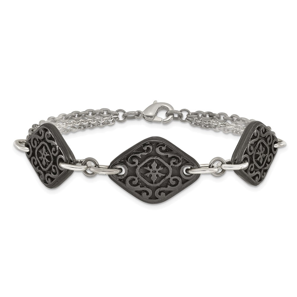 Titanium/Silver Two Tone Titanium Sterling Silver Black Ti Polished & Etched 3 Charm Bracelet