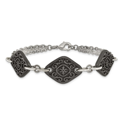Titanium/Silver Two Tone Titanium Sterling Silver Black Ti Polished & Etched 3 Charm Bracelet