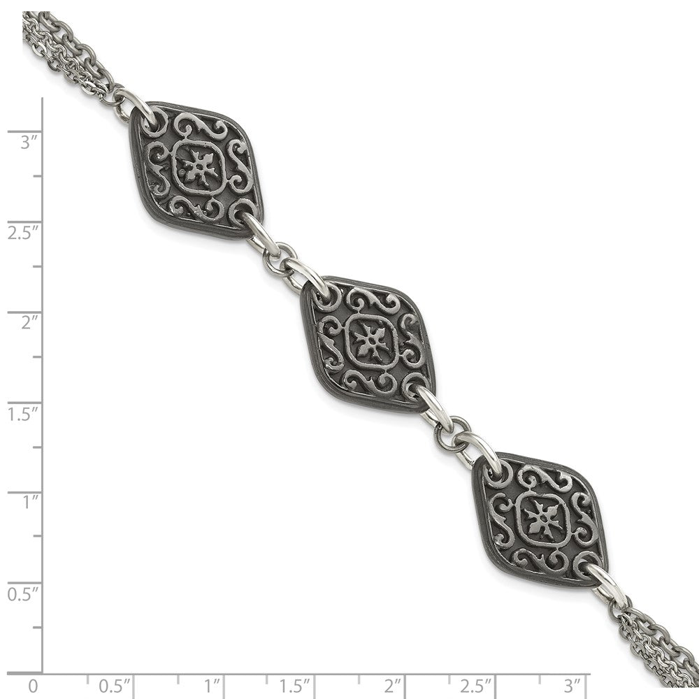 Titanium/Silver Two Tone Titanium Sterling Silver Black Ti Polished & Etched 3 Charm Bracelet