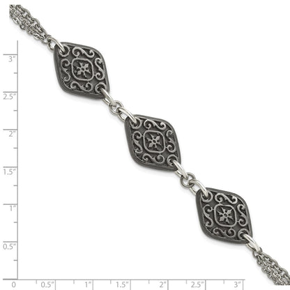 Titanium/Silver Two Tone Titanium Sterling Silver Black Ti Polished & Etched 3 Charm Bracelet