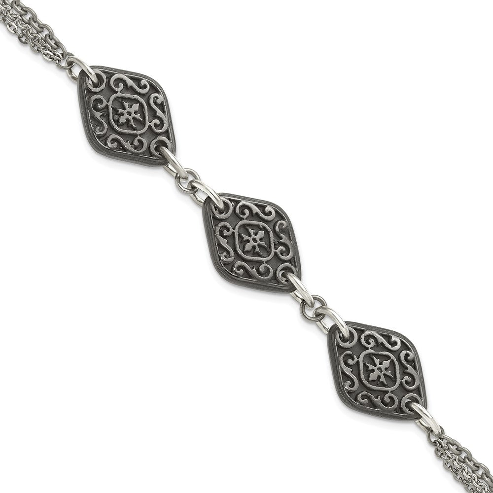 Titanium/Silver Two Tone Titanium Sterling Silver Black Ti Polished & Etched 3 Charm Bracelet