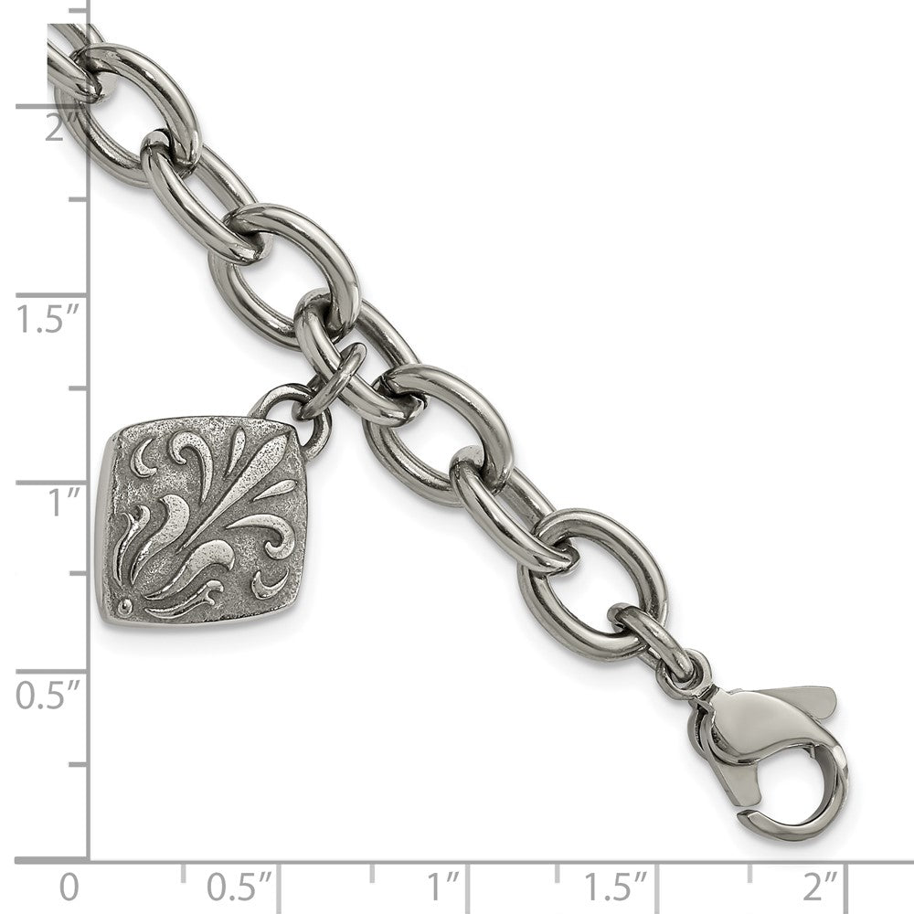 Titanium/Silver Two Tone Titanium & Sterling Silver Black Ti Polished Etched Charm Bracelet