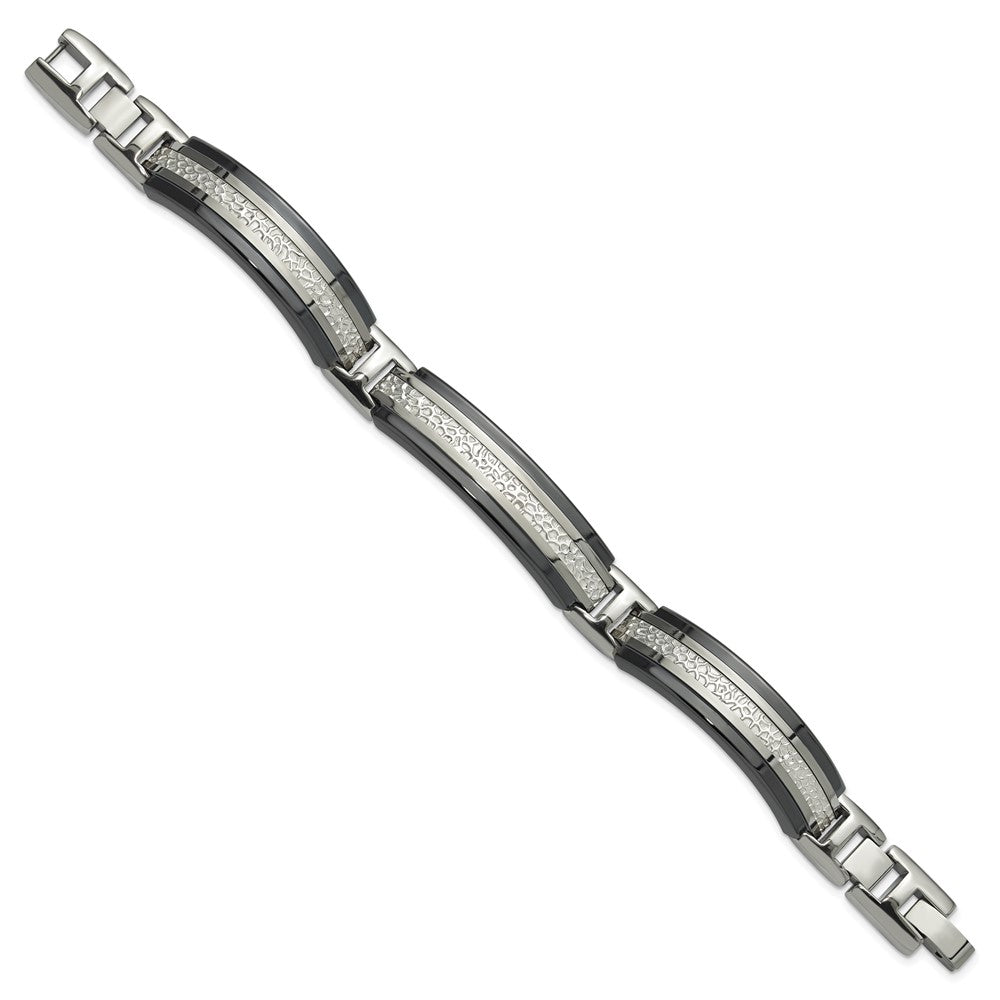 Titanium/Silver Two Tone Titanium Sterling Silver Black Ti Men'S Polished With Textured Center Link Bracelet