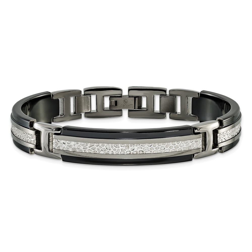 Titanium/Silver Two Tone Titanium Sterling Silver Black Ti Men'S Polished With Textured Center Link Bracelet