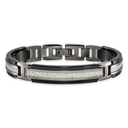 Titanium/Silver Two Tone Titanium Sterling Silver Black Ti Men'S Polished With Textured Center Link Bracelet