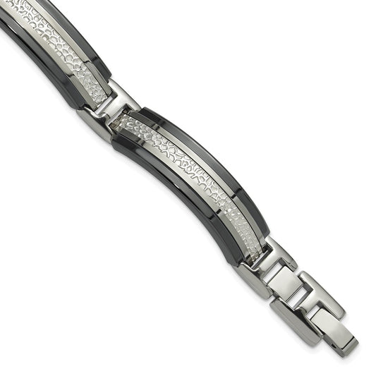 Titanium/Silver Two Tone Titanium Sterling Silver Black Ti Men'S Polished With Textured Center Link Bracelet