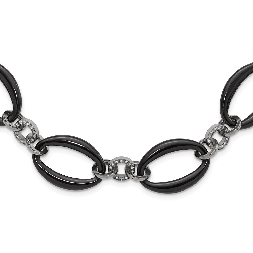 Titanium Polished Black Ip Plated & Cz Oval Link Necklace