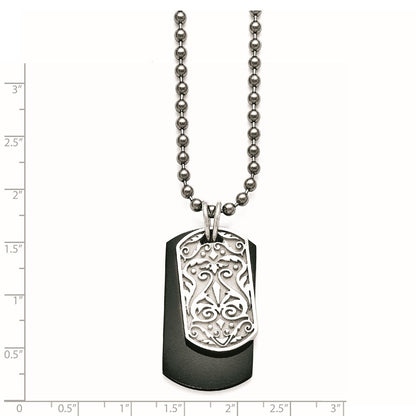 Titanium/Silver Two Tone Titanium/Ster.Sil Black Ti Polished Etched Dog Tag Necklace