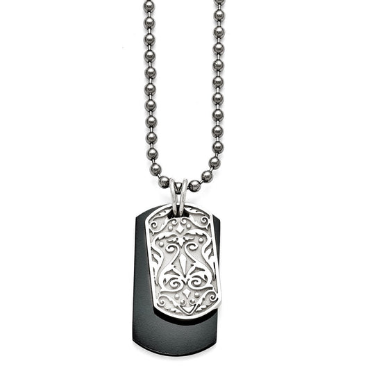 Titanium/Silver Two Tone Titanium/Ster.Sil Black Ti Polished Etched Dog Tag Necklace