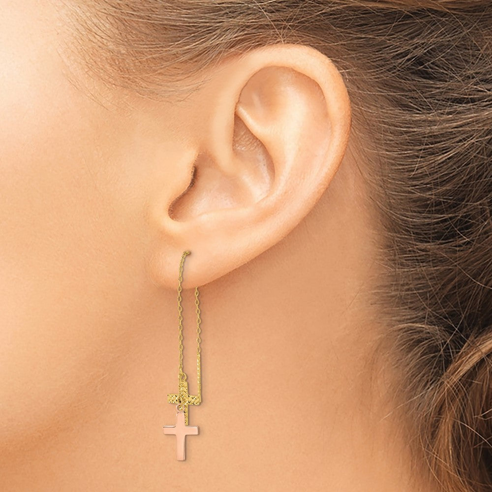 14K Two-Tone Yellow & Rose D/C Polished Crosses Threader Earrings