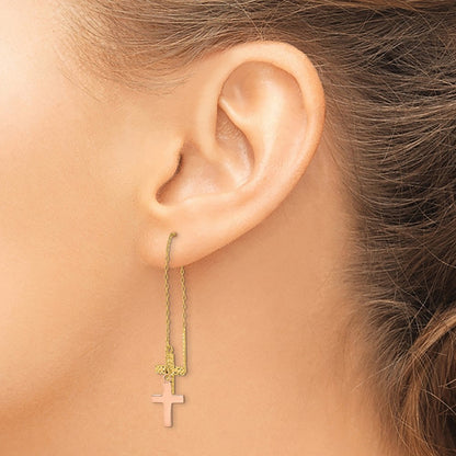 14K Two-Tone Yellow & Rose D/C Polished Crosses Threader Earrings