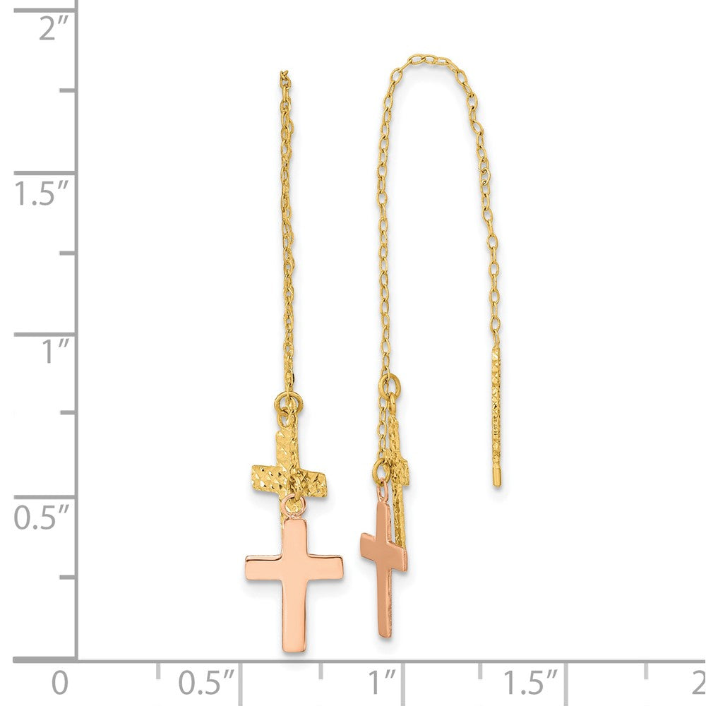 14K Two-Tone Yellow & Rose D/C Polished Crosses Threader Earrings
